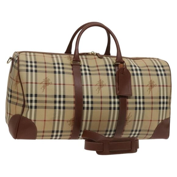 BURBERRY Nova Check Boston Bag PVC Beige Gold Auth 119095 - Picture 1 of 16